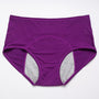 Donkerpaarse slip met hoge taille van voren, met gaatjesstof en een grijs opvangpaneel in het kruis. 19
