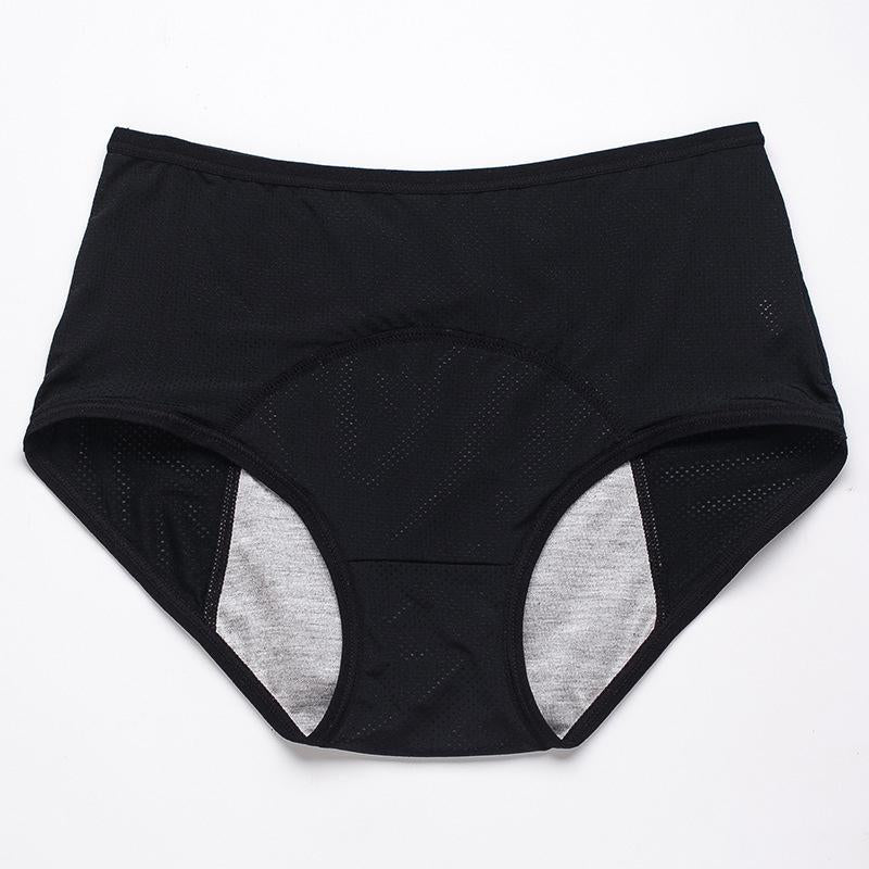 Zwarte slip met hoge taille van voren, met gaatjesstof en een grijs opvangpaneel in het kruis. 20