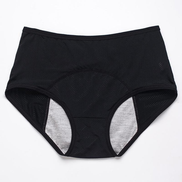 Zwarte slip met hoge taille van voren, met gaatjesstof en een grijs opvangpaneel in het kruis. 20
