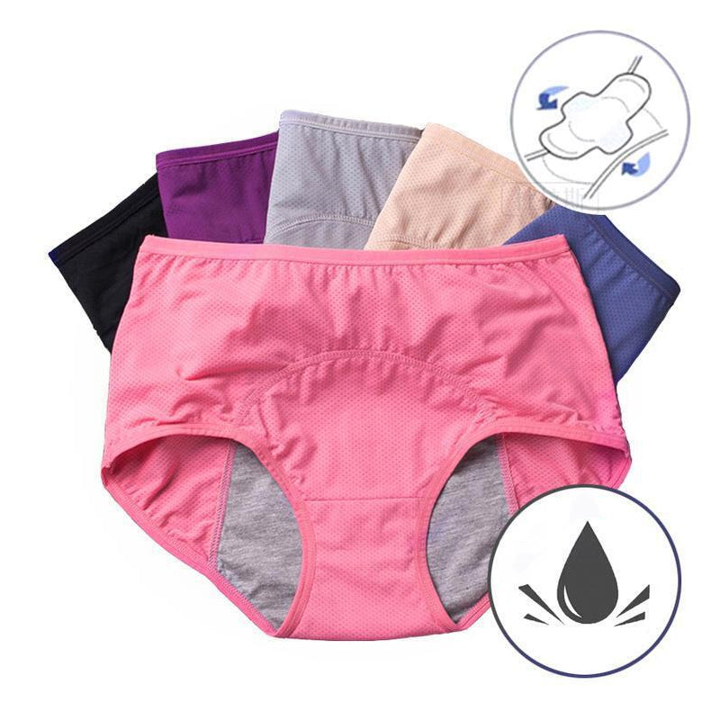 Roze slip met grijs opvangpaneel voorop, waaiervormig uitgelegd met vijf andere kleuren erachter, plus pictogrammen van maandverband en een waterdruppel. 2