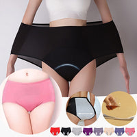 Collage met zwarte slip die ver wordt uitgerekt door een model, roze slip, rekbaar grijs achterpaneel, vloeistofproef en acht kleuren. 4