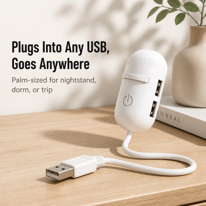 Compacte witte projector met twee USB-poorten aan de zijkant en een flexibele kabel met USB-stekker, liggend op een lichte houten tafel naast een vaas. 2