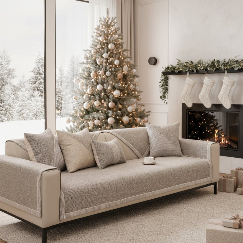 Beige bankhoes met bijpassende kussens op een bank in een kerstversierde woonkamer met boom, open haard en sokken. 2