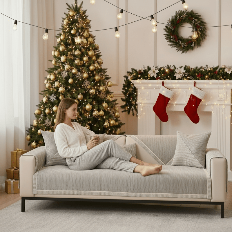 Vrouw in loungekleding zit ontspannen op een lichtgrijze bank met hoes in een feestelijk versierde kamer met kerstboom. 3