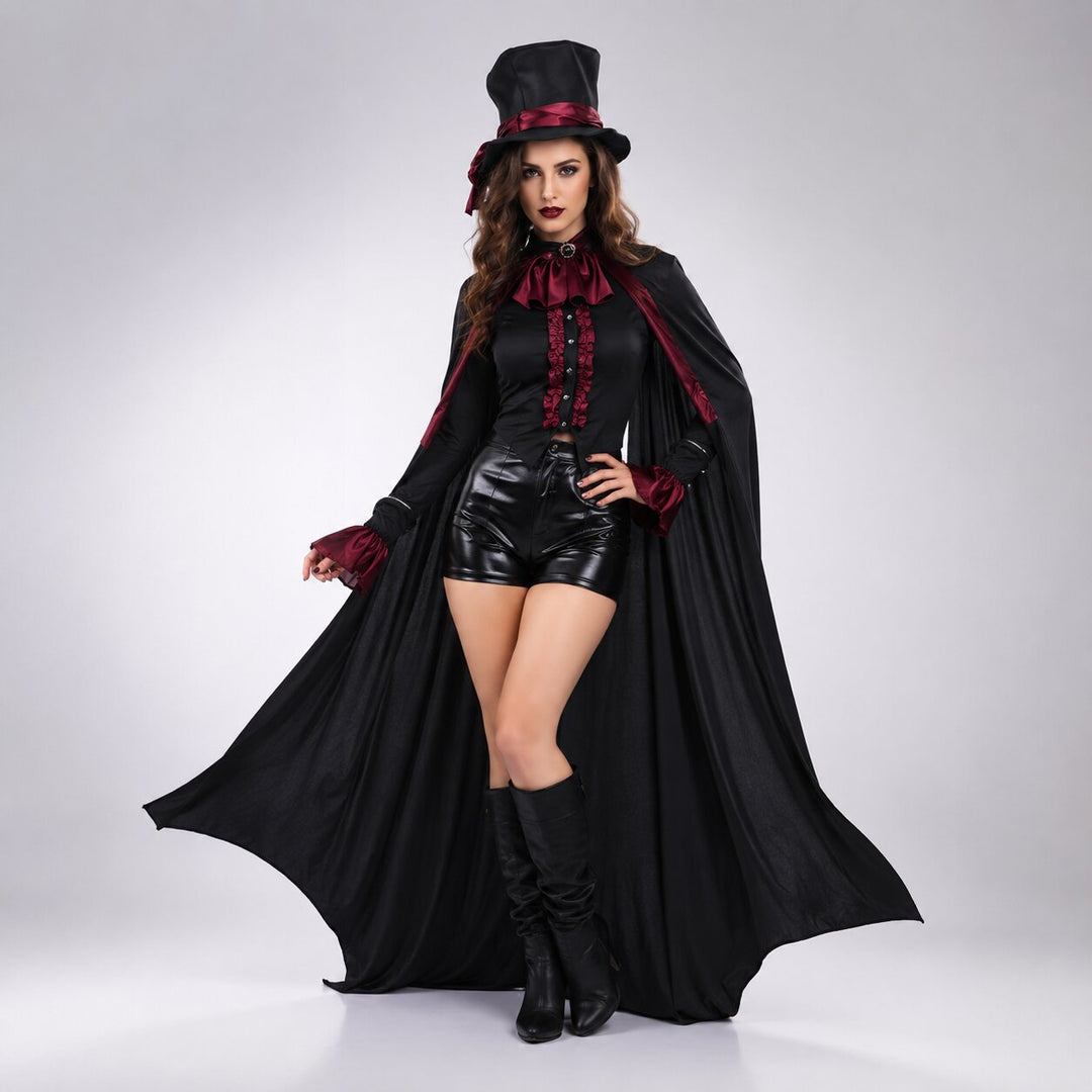 Vrouw in vampierkostuum met zwarte cape, ruches blouse met rode details, glanzend zwart short, hoge hoed en laarzen. 5