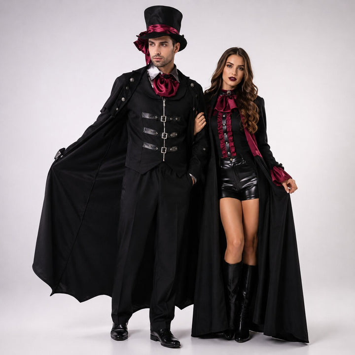 Man en vrouw arm in arm in bijpassende vampierkostuums, hij met gespenvest en lange jas, zij met cape en ruchesblouse. 7