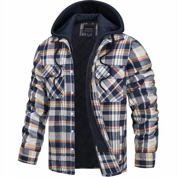 Open jack met capuchon in crème, marineblauwe en gele ruit, met rits en knopen 6