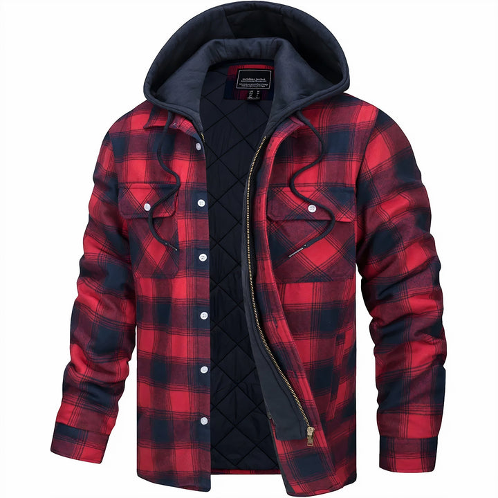 Open geruit jack met capuchon in rood en marineblauw, met zichtbare gewatteerde voering 1