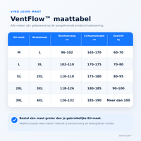 Maattabel van de jas met EU-maat, bestelmaat, borstomvang, lichaamslengte en gewicht, plus advies om een maat groter te bestellen. 13