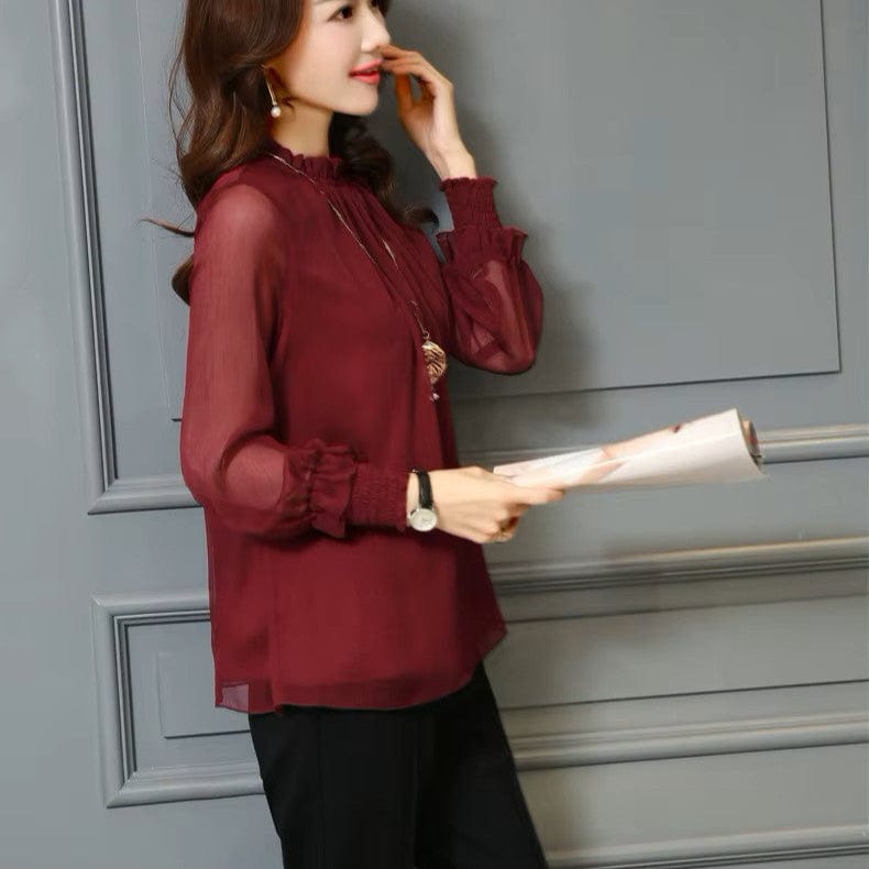 Stylish women's chiffon blouse with ruffles and transparent sleeves – Elina