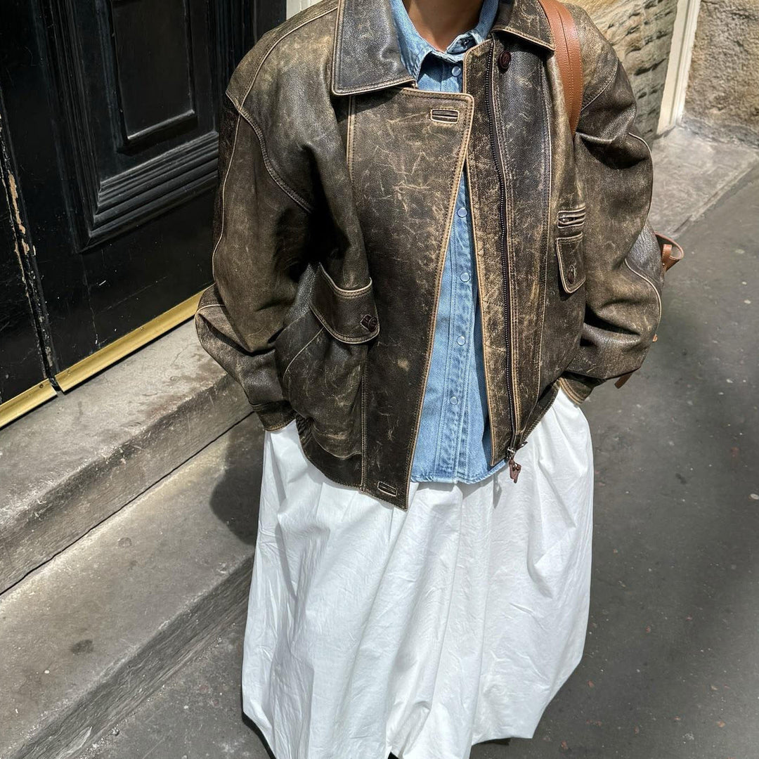 Women's Vintage Leather Jacket in Retro Style – Kayna