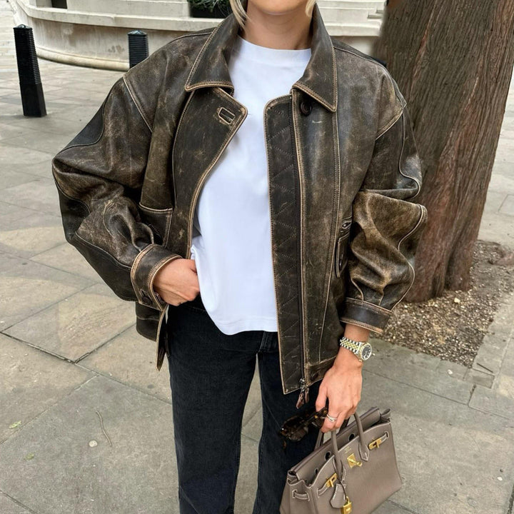 Women's Vintage Leather Jacket in Retro Style – Kayna