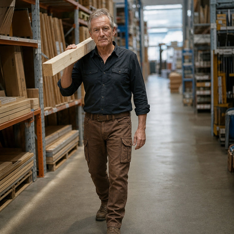 Oudere man in bruine cargobroek en donker overhemd draagt een houten balk door een magazijn 3