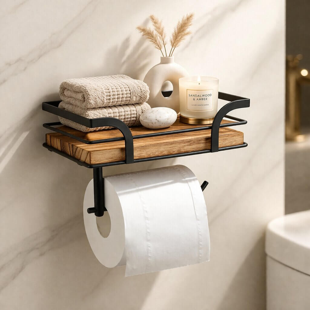 Zwart metalen houder met houten plankje aan een marmeren wand, met een rol toiletpapier eronder en opgevouwen handdoeken, kaars en vaas erop. 1