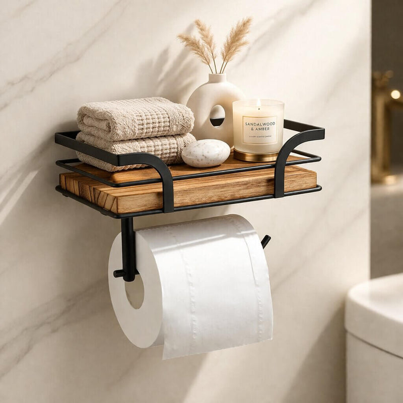 Zwart metalen houder met houten plankje aan een marmeren wand, met een rol toiletpapier eronder en opgevouwen handdoeken, kaars en vaas erop. 1