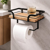 Close-up van het houten plankje met zwarte metalen rand, waarop een glazen potje staat, met een toiletrol aan de stang. 5