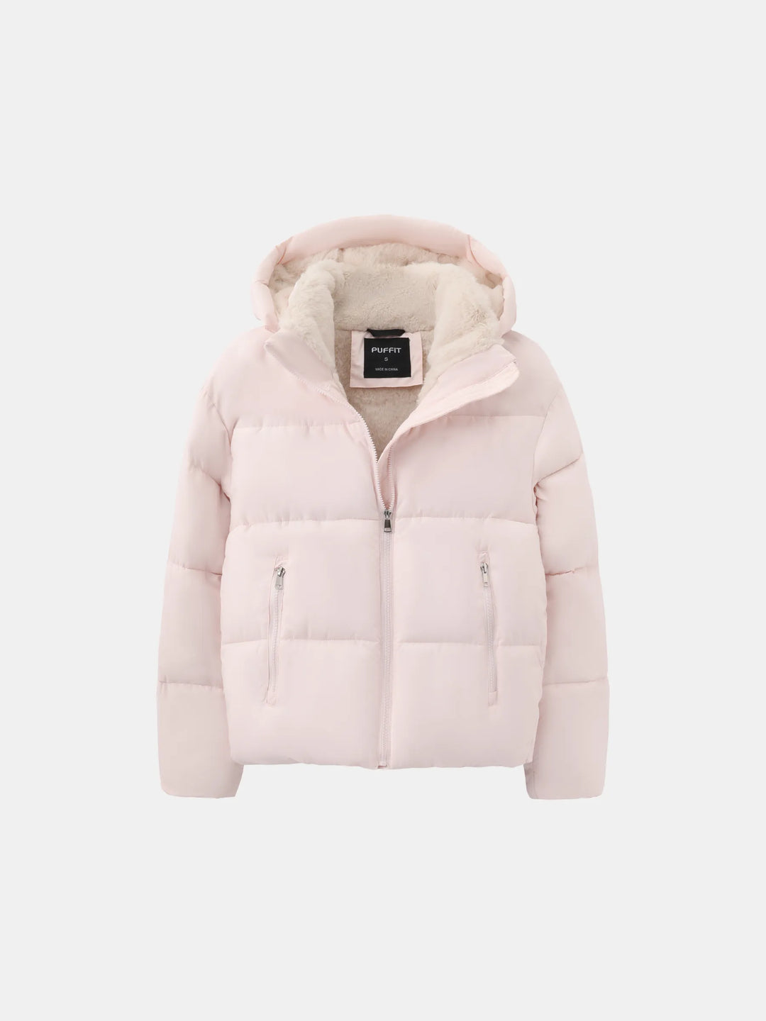 Roze pufferjack met capuchon, fleece voering en ritszakken los neergelegd, vooraanzicht 9