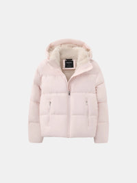 Roze pufferjack met capuchon, fleece voering en ritszakken los neergelegd, vooraanzicht 9