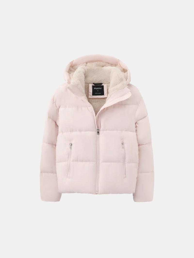 Roze pufferjack met capuchon, fleece voering en ritszakken los neergelegd, vooraanzicht 9