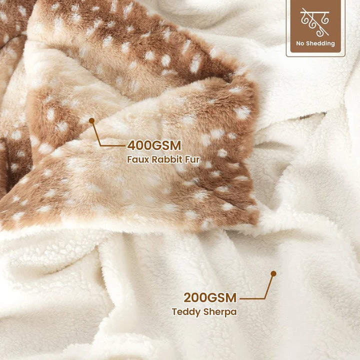Close-up van de omgeslagen plaid met links de imitatiebonten stippenzijde en rechts de crèmewitte teddy-sherpazijde, met materiaalaanduidingen. 6