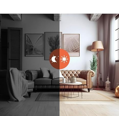 Woonkamer met bank en lamp, links in zwart-wit nachtbeeld en rechts in kleur overdag, ter vergelijking van beeld bij nacht en dag. 4