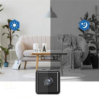 De zwarte minicamera onder een woonkamer die links overdag in kleur en rechts bij nacht in zwart-wit wordt getoond. 6