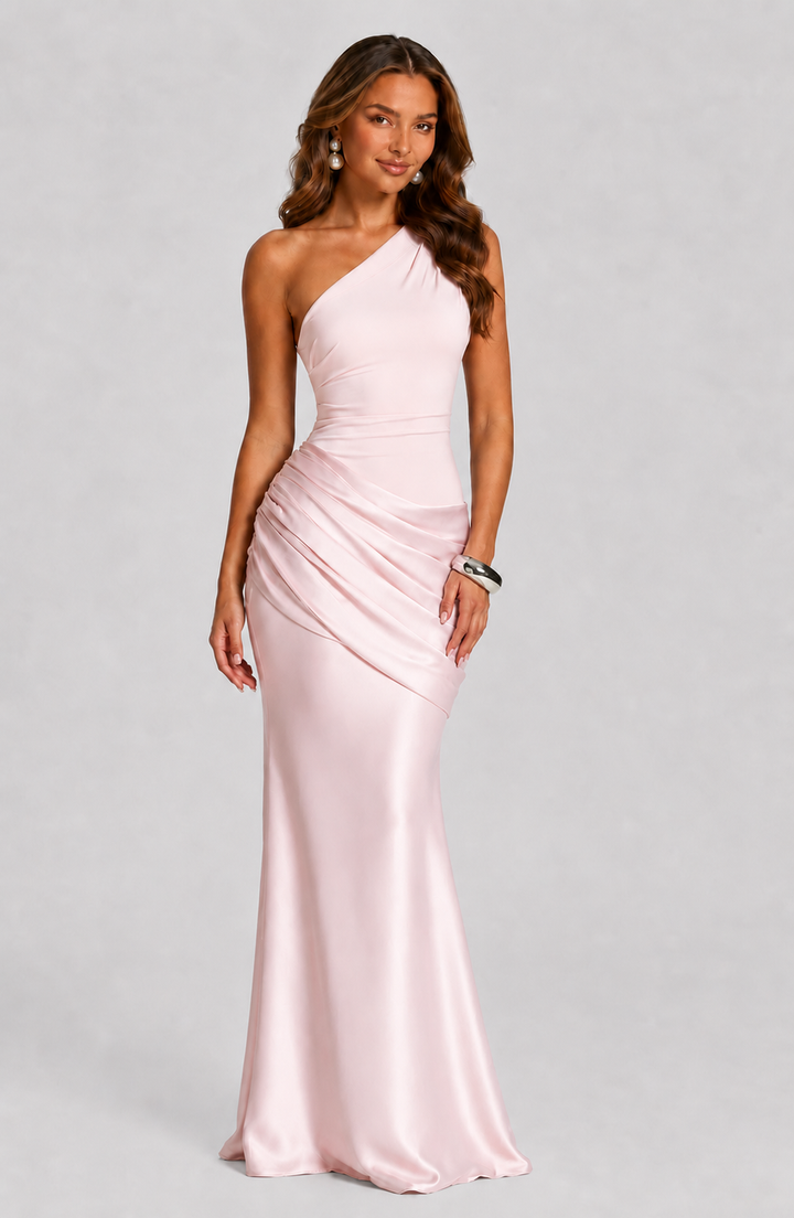 One Shoulder Draped Satin Maxi Dress 12