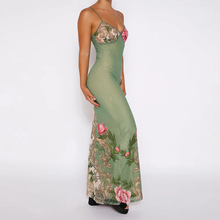 Blumiges Maxi-Sommerkleid mit V-Ausschnitt und Spaghettiträgern – Alina