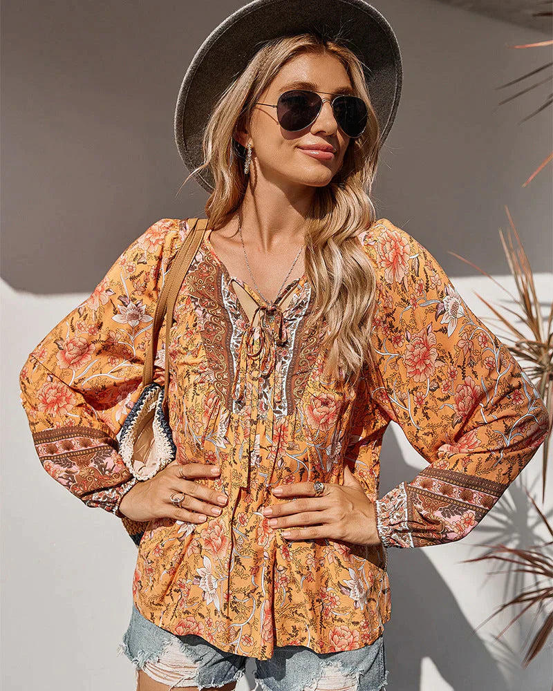 Vintage Boho Sommerbluse mit Blumenmuster und langen Ärmeln – Sana