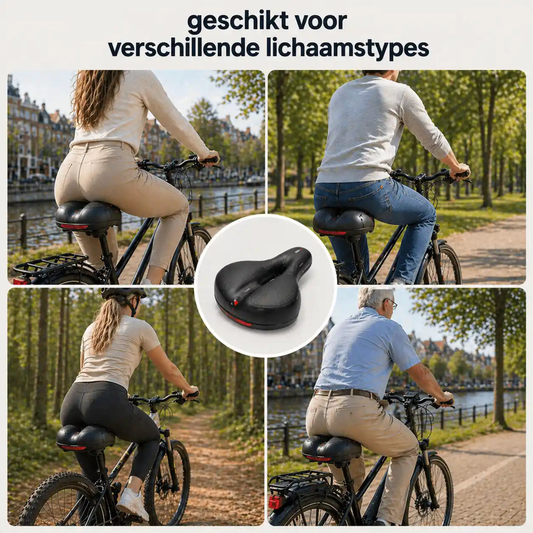 Collage van vier fietsers van verschillende leeftijd en postuur die op het zadel zitten, met het zadel in het midden. 11