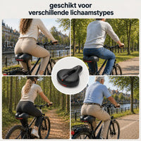 Collage van vier fietsers van verschillende leeftijd en postuur die op het zadel zitten, met het zadel in het midden. 11