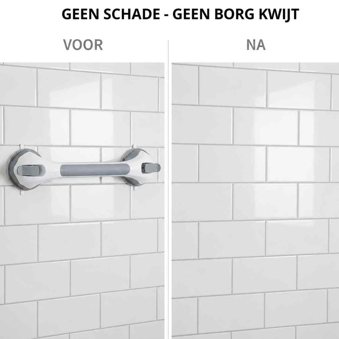 Voor-en-nabeeld van witte tegels: links hangt de greep aan de muur, rechts is de muur ongeschonden zonder sporen. 9