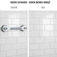Voor-en-nabeeld van witte tegels: links hangt de greep aan de muur, rechts is de muur ongeschonden zonder sporen. 9