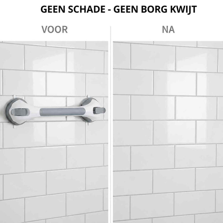 Voor-en-nabeeld van witte tegels: links hangt de greep aan de muur, rechts is de muur ongeschonden zonder sporen. 9
