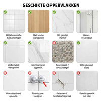 Overzicht van geschikte en ongeschikte ondergronden voor de zuignap, zoals gladde tegels en glas versus ruw mozaïek en voegen. 12