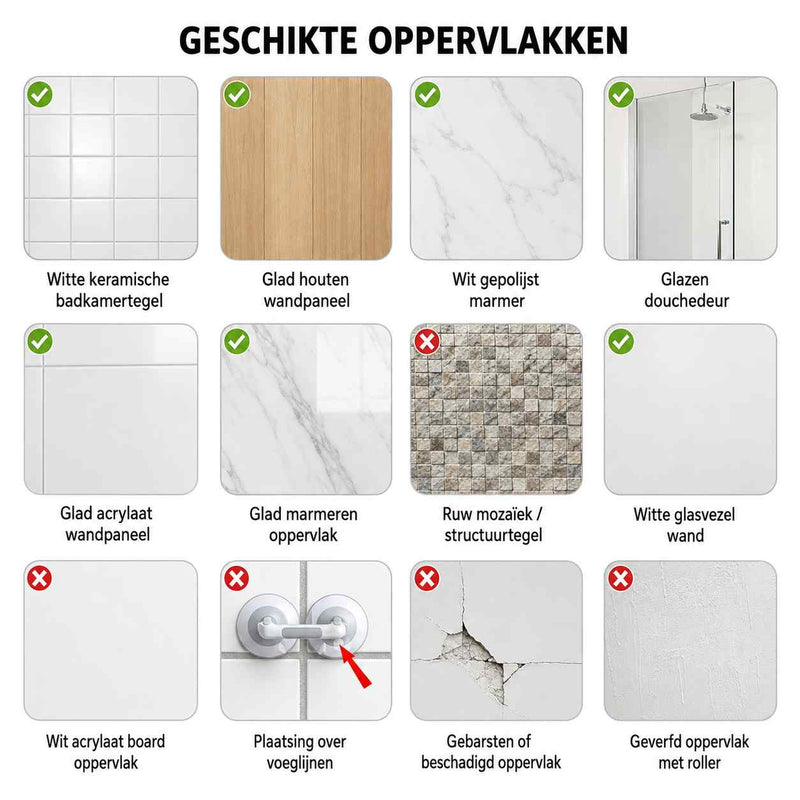 Overzicht van geschikte en ongeschikte ondergronden voor de zuignap, zoals gladde tegels en glas versus ruw mozaïek en voegen. 12
