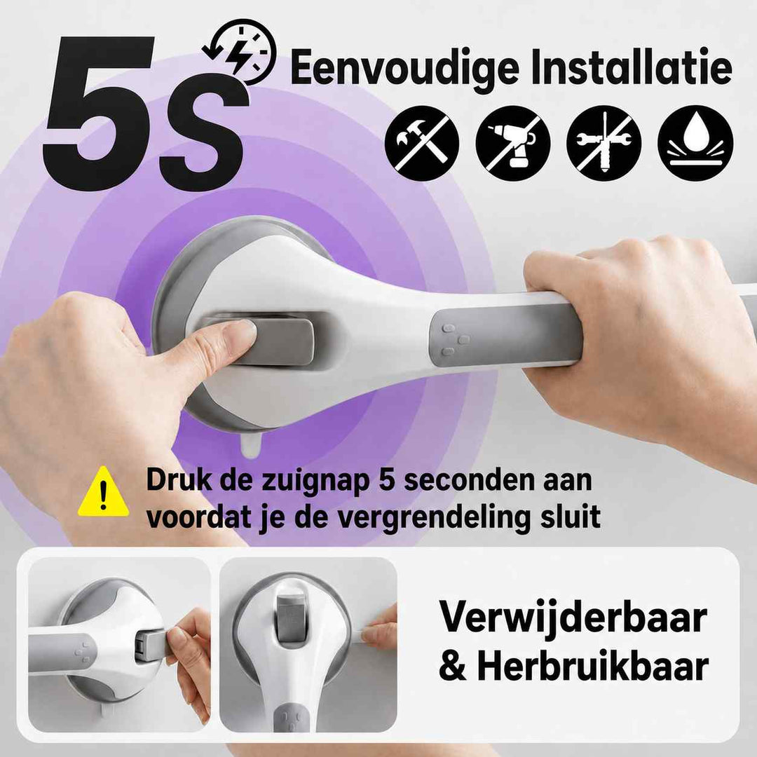 Infographic over snelle installatie zonder boren: een hand drukt de zuignap aan terwijl de andere de greep vasthoudt, met kleine stapbeelden. 4