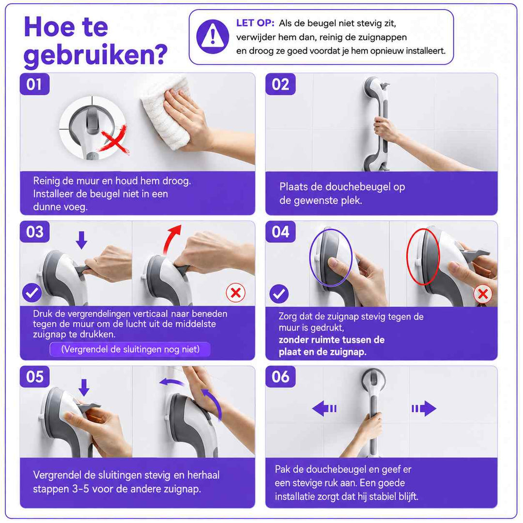 Gebruiksinstructie in zes stappen: muur schoonmaken, greep plaatsen, hendels naar beneden drukken, vergrendelen en stevig aan de greep trekken. 17