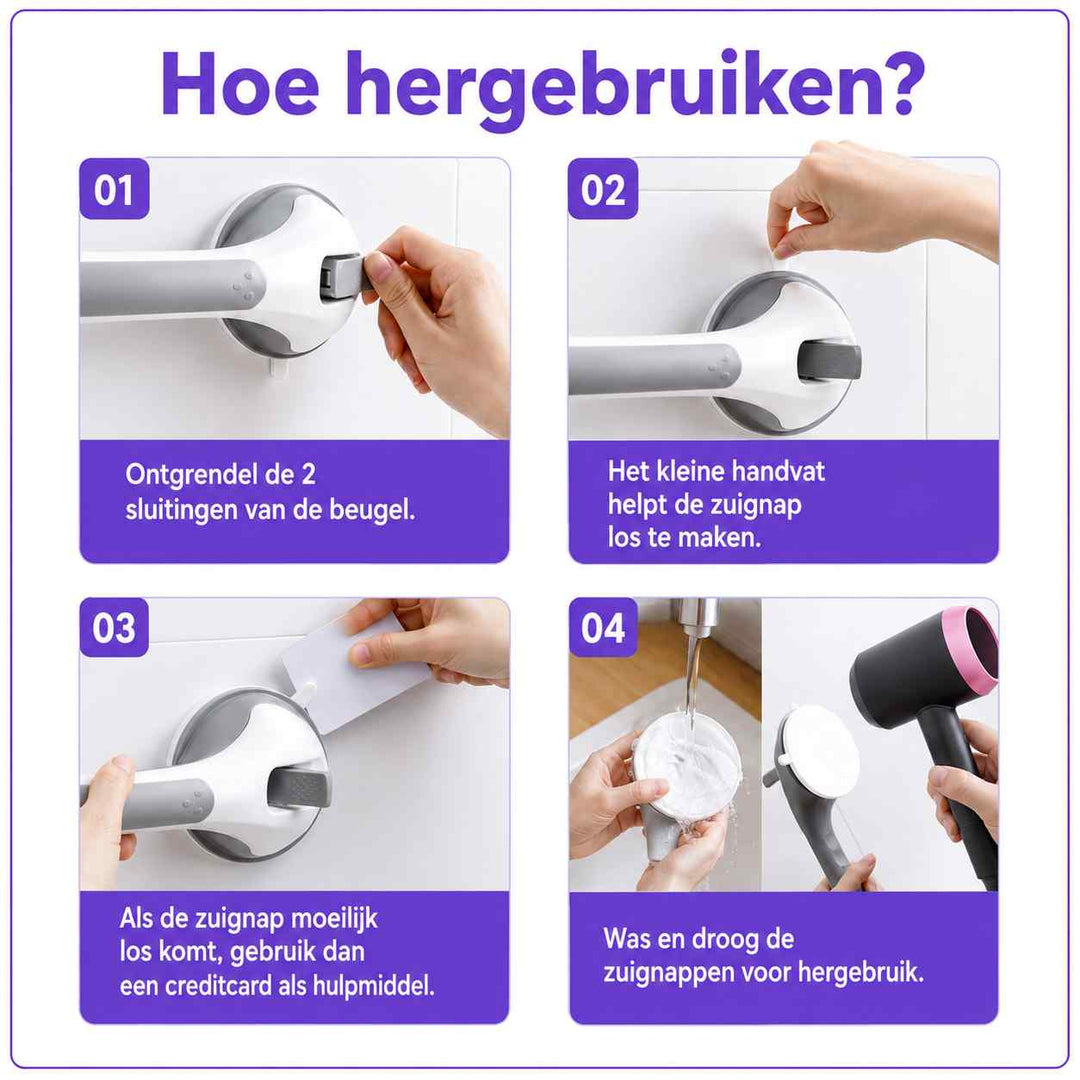 Instructie voor hergebruik in vier stappen: hendels ontgrendelen, zuignap losmaken, eventueel met pasje, wassen en drogen. 18