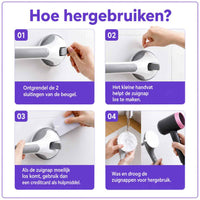 Instructie voor hergebruik in vier stappen: hendels ontgrendelen, zuignap losmaken, eventueel met pasje, wassen en drogen. 18