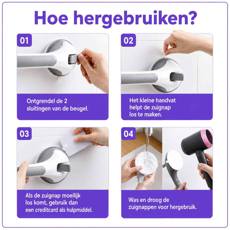 Instructie voor hergebruik in vier stappen: hendels ontgrendelen, zuignap losmaken, eventueel met pasje, wassen en drogen. 18