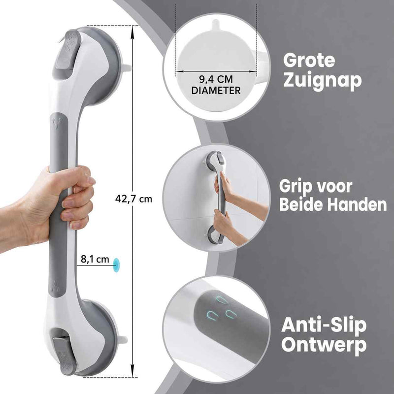 Greep in de hand met afmetingen en detailcirkels van de grote zuignap, het grip voor twee handen en het antislip-handvat. 10