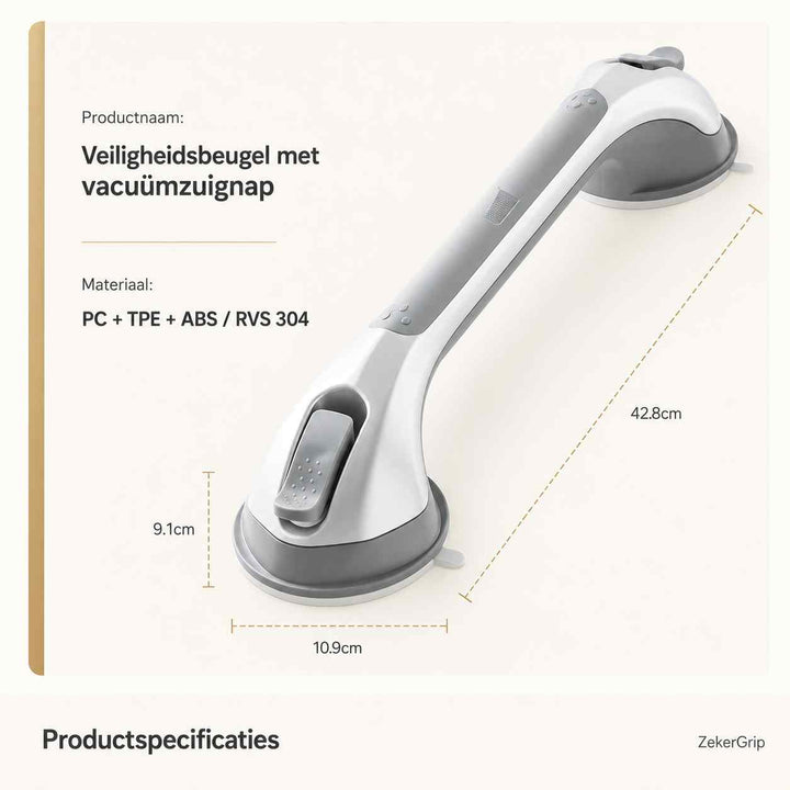 Schuin beeld van de wit-grijze greep op een lichte achtergrond met maten en materiaalspecificaties. 11