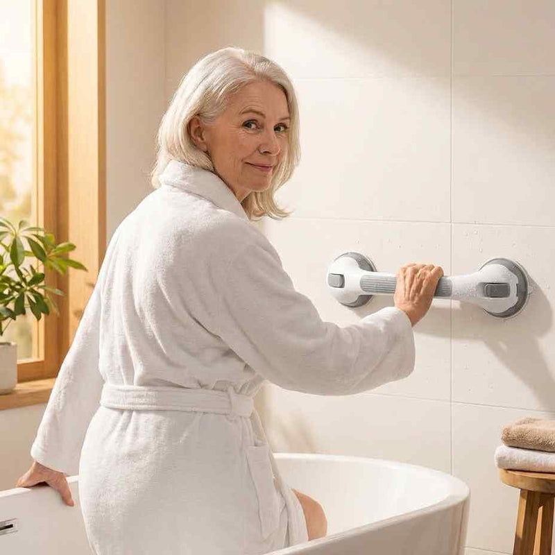 Oudere vrouw in witte badjas leunt op de rand van een bad en houdt de wit-grijze greep op de betegelde muur vast. 1