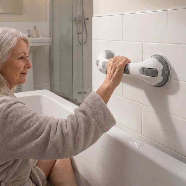 Oudere vrouw in grijze badjas zit op de badrand en steunt met één hand op de greep aan de tegelmuur. 8
