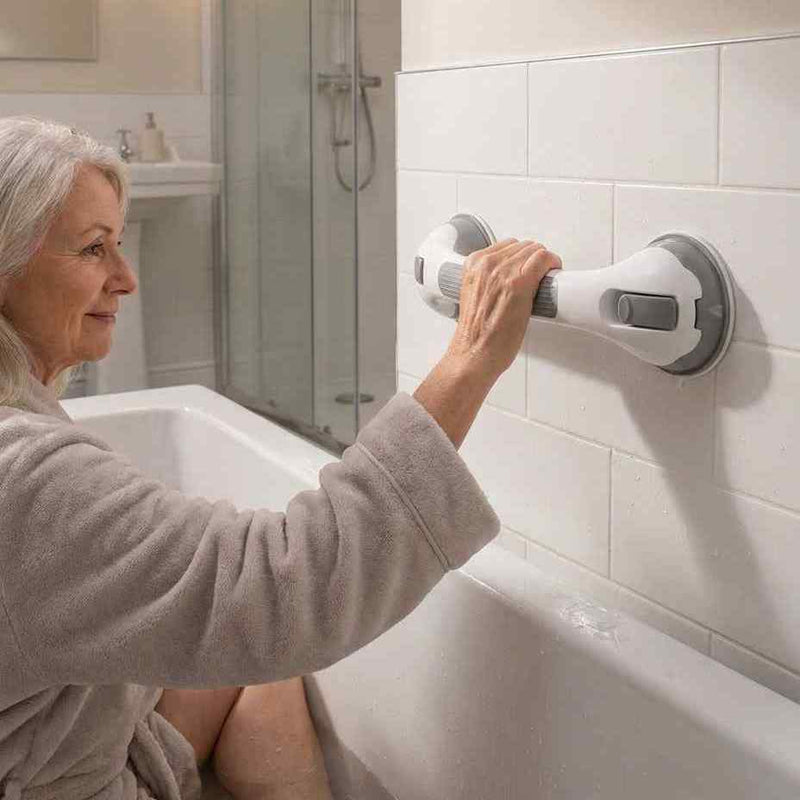 Oudere vrouw in grijze badjas zit op de badrand en steunt met één hand op de greep aan de tegelmuur. 8