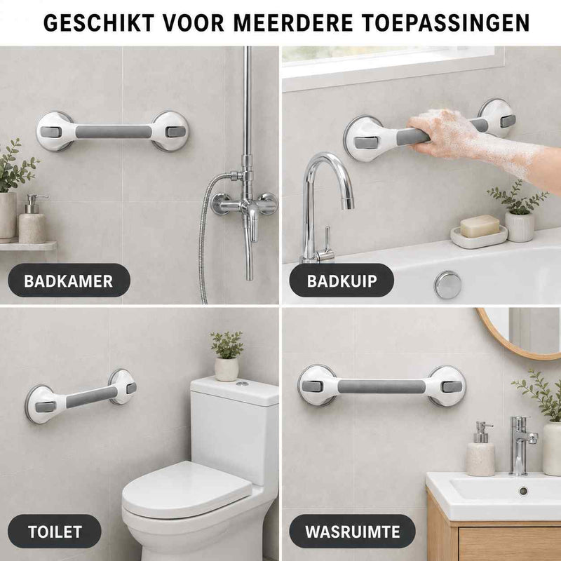 Vier badkamerbeelden die de greep tonen bij de douche, het bad, het toilet en de wastafel. 7