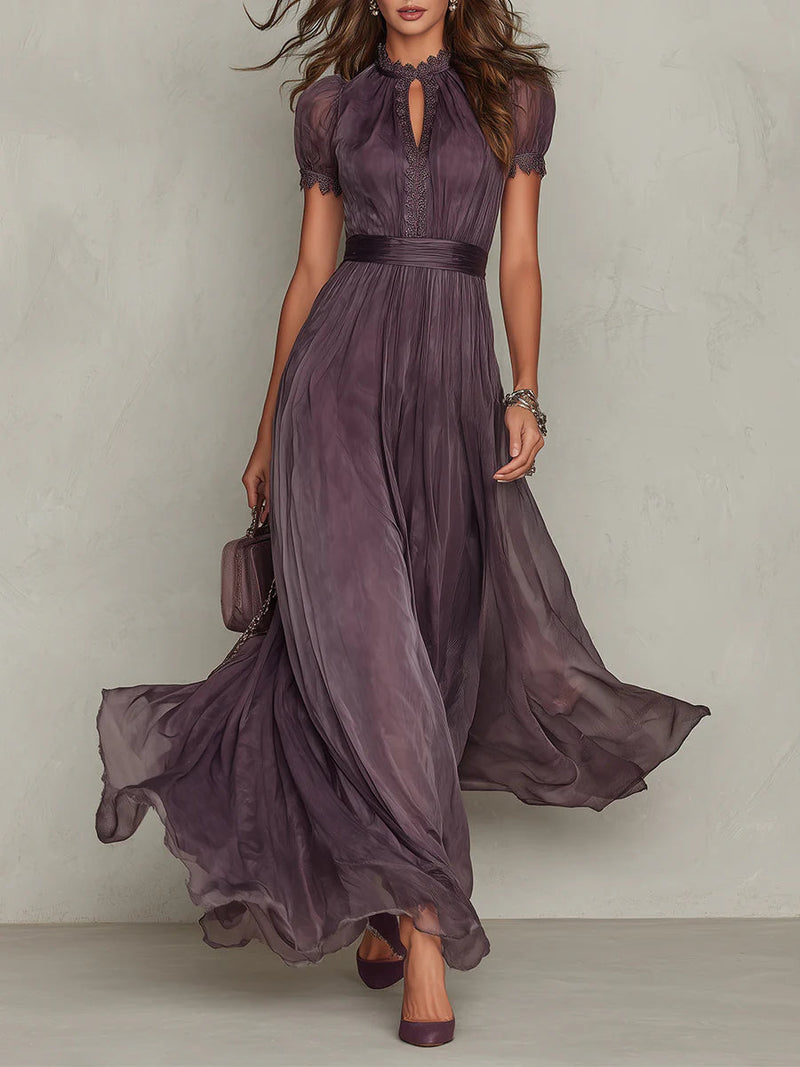 Women's Maxi Dress with Lace Trim and Gathered Waist for Occasions 1