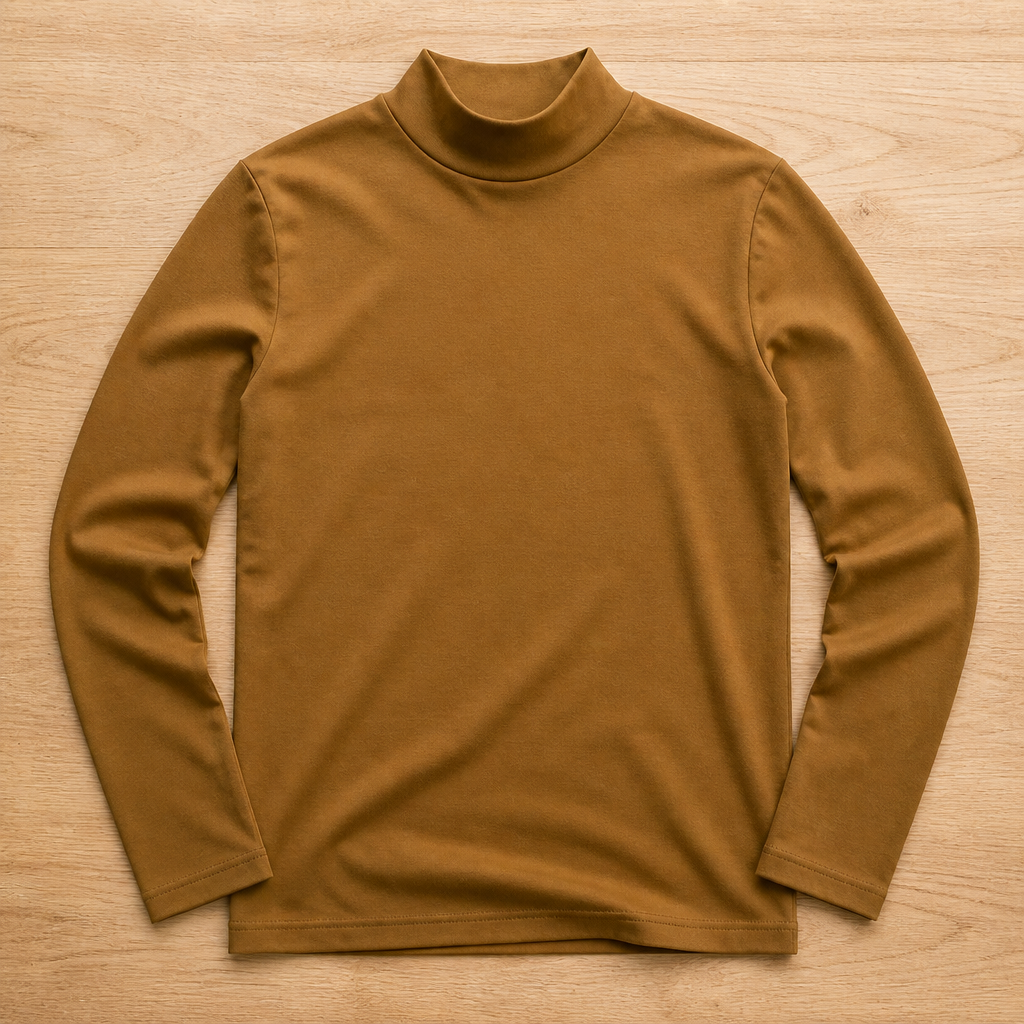 Shirt met lange mouwen en hoge kraag in een warme bruine, okerachtige kleur, plat neergelegd op hout. 9