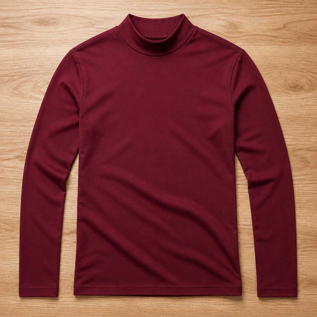 Shirt met lange mouwen en hoge kraag in donkerrood, plat neergelegd op een houten ondergrond. 11